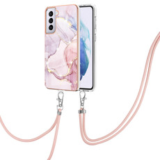 For Samsung Galaxy S21 5G Electroplating Marble Pattern IMD TPU Shockproof Case with Neck Lanyard(Rose Gold 005)
