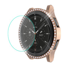 For Samsung Galaxy Watch4 Classic 42mm ENKAY Hat-Prince 2 in 1 Full Coverage Electroplated PC Case with Decorative Diamond + Tempered Glass Protector(Rose Gold)