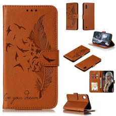 Feather Pattern Litchi Texture Horizontal Flip Leather Case with Wallet & Holder & Card Slots For Galaxy A10(Brown)
