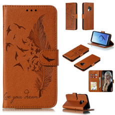 Feather Pattern Litchi Texture Horizontal Flip Leather Case with Wallet & Holder & Card Slots For Galaxy S9(Brown)