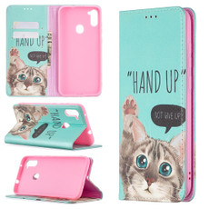 For Samsung Galaxy A11 Colored Drawing Pattern Invisible Magnetic Horizontal Flip PU Leather Case with Holder & Card Slots & Wallet(Cat)