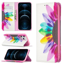 For iPhone 12 Pro Max Colored Drawing Pattern Invisible Magnetic Horizontal Flip PU Leather Case with Holder & Card Slots & Wallet(Sun Flower)
