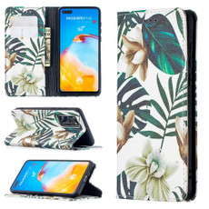 For Huawei P40 Colored Drawing Pattern Invisible Magnetic Horizontal Flip PU Leather Case with Holder & Card Slots & Wallet(Red Leaves)