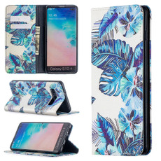 For Samsung Galaxy S10 Plus Colored Drawing Pattern Invisible Magnetic Horizontal Flip PU Leather Case with Holder & Card Slots & Wallet(Blue Leaves)