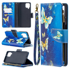 For Samsung Galaxy A12 Colored Drawing Pattern Zipper Horizontal Flip Leather Case with Holder & Card Slots & Wallet(Gold Butterflies)