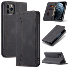 For iPhone 11 Pro Max Skin-feel Calfskin Texture Magnetic Dual-Fold Horizontal Flip Leather Case with Holder & Card Slots & Wallet (Black)