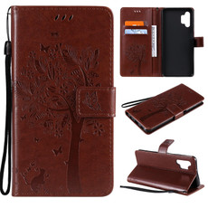 For Samsung Galaxy A32 5G Tree & Cat Pattern Pressed Printing Horizontal Flip PU Leather Case with Holder & Card Slots & Wallet & Lanyard(Coffee)