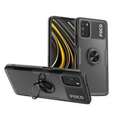 For Xiaomi Poco M3 Shockproof Transparent TPU + Acrylic Protective Case with Ring Holder(Black)