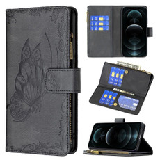 For iPhone 12 Pro Flying Butterfly Embossing Pattern Zipper Horizontal Flip Leather Case with Holder & Card Slots & Wallet(Black)