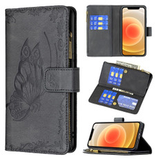 For iPhone 12 mini Flying Butterfly Embossing Pattern Zipper Horizontal Flip Leather Case with Holder & Card Slots & Wallet(Black)