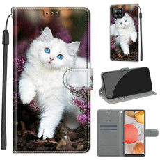 For Samsung Galaxy A42 5G Voltage Colored Drawing Magnetic Clasp Horizontal Flip PU Leather Case with Holder & Card Slots(C08 Flower Bush Big White Cat)