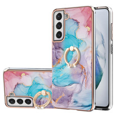For Samsung Galaxy S21 FE Electroplating Pattern IMD TPU Shockproof Case with Rhinestone Ring Holder(Milky Way Blue Marble)