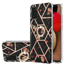 For Samsung Galaxy A02S 166mm Electroplating Splicing Marble Flower Pattern TPU Shockproof Case with Rhinestone Ring Holder(Black Flower)