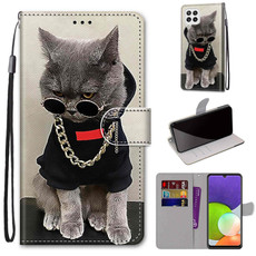 For Samsung Galaxy A22 4G Coloured Drawing Cross Texture Horizontal Flip PU Leather Case with Holder & Card Slots & Wallet & Lanyard(Golden Chain Grey Cat)