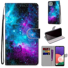 For Samsung Galaxy A22 5G Coloured Drawing Cross Texture Horizontal Flip PU Leather Case with Holder & Card Slots & Wallet & Lanyard(Purple Green Starry Sky) For Samsung Galaxy A22 5G Coloured Drawing Cross Texture Horizontal Flip PU Leather Case with Holder & Card Slots & Wallet & Lanyard(Purple Green Starry Sky)