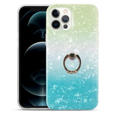 For iPhone 11 Pro Max Gradient Color Shell Texture IMD TPU Shockproof Case with Ring Holder (Gradient Green Blue)