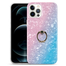 For iPhone 12 / 12 Pro Gradient Color Shell Texture IMD TPU Shockproof Case with Ring Holder(Gradient Pink Blue)
