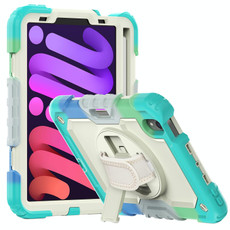 For iPad mini 6 Shockproof Silicone + PC Protective Tablet Case with Holder & Shoulder Strap & Pen Slot(Beige + Camouflage Blue)