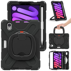 For iPad mini 6 Silicone + PC Protective Tablet Case with Holder & Shoulder Strap(Black+Black)