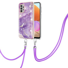 For Samsung Galaxy A32 4G EU Version Electroplating Marble Pattern IMD TPU Shockproof Case with Neck Lanyard(Purple 002)