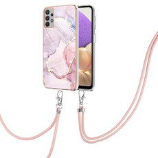 For Samsung Galaxy A32 5G Electroplating Marble Pattern IMD TPU Shockproof Case with Neck Lanyard(Rose Gold 005)
