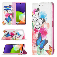 For Samsung Galaxy A22 4G Colored Drawing Pattern Invisible Magnetic Horizontal Flip Leather Phone Case with Holder & Card Slots & Wallet(Two Butterflies)