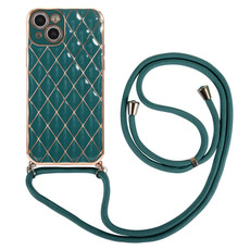 For iPhone 13 Electroplating Lambskin Lanyard Phone Case(Dark Green)