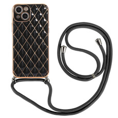 For iPhone 13 Electroplating Lambskin Lanyard Phone Case(Black)
