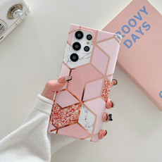 For Samsung Galaxy S22+ 5G Electroplated Splicing Marble TPU Phone Case(Pink Lattice)