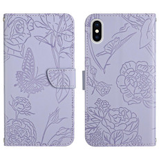 For iPhone X / XS Skin Feel Butterfly Peony Embossed Leather Phone Case(Purple)