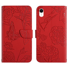 For iPhone XR Skin Feel Butterfly Peony Embossed Leather Phone Case(Red)