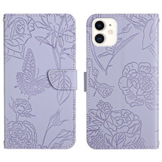 For iPhone 12 Skin Feel Butterfly Peony Embossed Leather Phone Case(Purple)