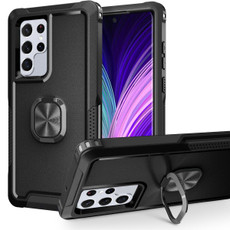 For Samsung Galaxy S22 Ultra 5G 3 in 1 Ring Holder PC + TPU Phone Case(Black)