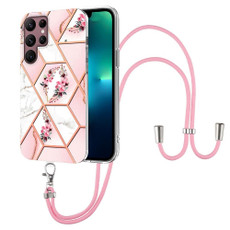 For Samsung Galaxy S22 Ultra 5G Splicing Marble Flower Pattern TPU Phone Case with Lanyard(Pink Flower) For Samsung Galaxy S22 Ultra 5G Splicing Marble Flower Pattern TPU Phone Case with Lanyard(Pink Flower)