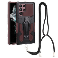 For Samsung Galaxy S22 Ultra 5G Lanyard Mecha Armor Kickstand PC + TPU Phone Case(Brown) For Samsung Galaxy S22 Ultra 5G Lanyard Mecha Armor Kickstand PC + TPU Phone Case(Brown)