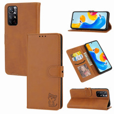 For Xiaomi Redmi Note 11 4G Global/11S Embossed Happy Cat Pattern Leather Phone Case(Yellow)