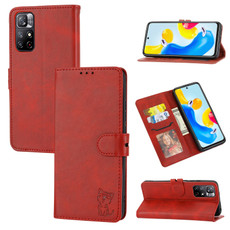 For Xiaomi Redmi Note 11 4G Global/11S Embossed Happy Cat Pattern Leather Phone Case(Red)