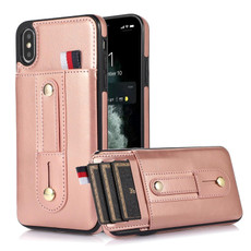For iPhone XS Max Wristband Kickstand Wallet Leather Phone Case(Rose Gold)