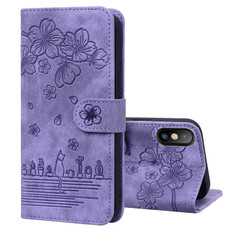 For iPhone X / XS Cartoon Sakura Cat Embossed Leather Case(Purple)