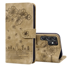 For Samsung Galaxy S22 Ultra 5G Cartoon Sakura Cat Embossed Leather Phone Case(Brown) For Samsung Galaxy S22 Ultra 5G Cartoon Sakura Cat Embossed Leather Phone Case(Brown)