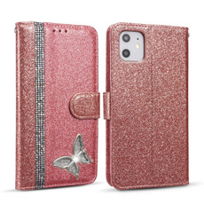 For iPhone 11 Glitter Powder Butterfly Leather Phone Case (Rose Gold)