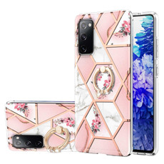 For Samsung Galaxy S20 FE / S20 Lite Electroplating Splicing Marble Flower Pattern TPU Shockproof Case with Rhinestone Ring Holder(Pink Flower)
