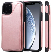 For iPhone 11 Pro Shockproof Calf Texture Protective Case with Holder & Card Slots & Frame(Rose Gold)