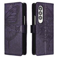 For Samsung Galaxy Z Fold4 Embossed Butterfly Leather Phone Case(Dark Purple)