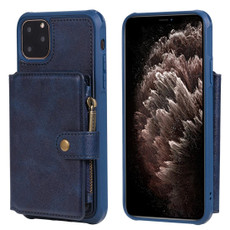 For iPhone 11 Pro Max Zipper Shockproof Protective Case with Card Slots & Bracket & Photo Holder & Wallet Function(Blue)