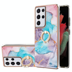 For Samsung Galaxy S21 Ultra 5G Electroplating Pattern IMD TPU Shockproof Case with Rhinestone Ring Holder(Milky Way Blue Marble)