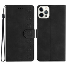For iPhone 12 Pro Seven Butterflies Embossed Leather Phone Case(Black)