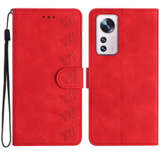 For Xiaomi 12 Lite Seven Butterflies Embossed Leather Phone Case(Red)