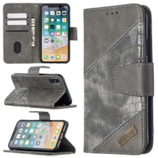 For iPhone X / XS Matching Color Crocodile Texture Horizontal Flip PU Leather Case with Wallet & Holder & Card Slots(Grey)