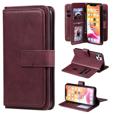 For iPhone 11 Pro Max Multifunctional Magnetic Copper Buckle Horizontal Flip Solid Color Leather Case with 10 Card Slots & Wallet & Holder & Photo Frame(Wine Red)